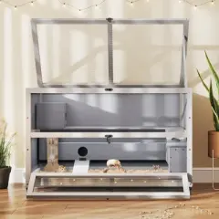 Sandinrayli 3-Tier Wooden Hamster Cage 35.4'' with Removable Ramps & Tray, Small Animals Hutch with Wheels, Grey