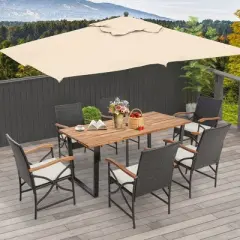 Costway 7 PCS Patio Rattan Dining Set Acacia Wood Table 6 Wicker Chairs with Umbrella Hole