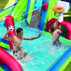 Banzai Aqua Sports Splash Park 15' x 13' x 8' Inflatable Outdoor Playground with Climbing Wall, Water Slide & 3 Sports Activities