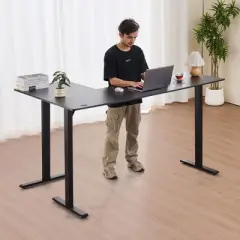 VEVOR L Shaped Desk, Electric Adjustable Height Corner Gaming Desk with Dual Hooks, Heavy Duty Carbon Steel L-Shaped Computer Table, Black