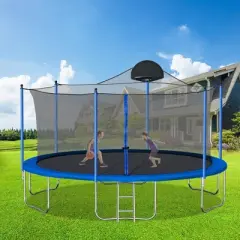 NAYSAYE Trampoline 14FT with Basketball Hoop Ladder Safety Enclosure Net for Outdoor Play, Blue, 166.00"*166.00"*118.00"
