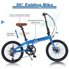 20 Inch Folding Bike, 7 Speed City Commuter Bike, Aluminum Alloy Frame Foldable Bicycle with Rear Derailleur and Dual Disc Brakes for Women Men