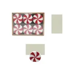 Storied Home 6-Piece Stoneware Peppermint Candy Shaped Place Card/Photo Holders with Paper Cards, Red and White