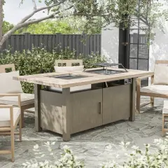 Greemotion 71" Bordeaux Wood Textured Metal Top Dining Fire Pit Table with Ice Chest Insert Brown: Contemporary Outdoor Furniture, Aluminum Frame