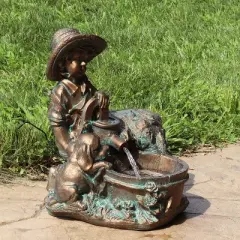 Sunnydaze Outdoor Polyresin Boy with Dog Solar Powered Water Fountain Feature with LED Light - 15" - Light Brown