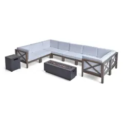 Thasos 10pc Acacia U-Shaped Farmhouse Sectional Sofa Set with Fire Pit - Gray/White/Dark Gray - Christopher Knight Home
