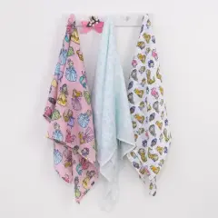 NoJo Disney Princesses Pink, Aqua, Lavender, Green, and White 3 Piece Muslin Swaddle Baby Blanket Set