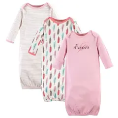 Touched by Nature Baby Girl Organic Cotton Long-Sleeve Gowns 3pk, Feathers, 0-6 Months