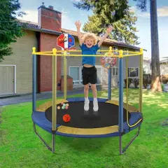 SUGIFT 60'' Kids Trampoline with Safety Enclosure Net, Basketball Hoop & Dartboard, Indoor Outdoor Toddler Trampoline