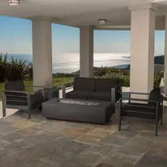 GDFStudio Crested Bay Outdoor Aluminum 4 Seater Chat Set with Dark Gray Fire Pit