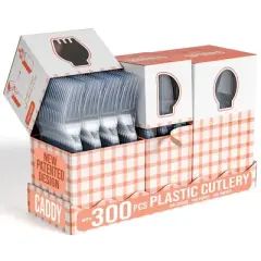 Crown Display Utensil Caddy Organizer &ndash; 3 x 100 Clear Plastic Forks, Disposable Spoons & Knives in 3 Tear-Top Boxes Kitchen Utensil Holder for Party