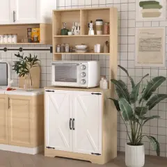 GlasFlength Kitchen Storage Farmhouse Kitchen Pantry Cabinet Freestanding Cupboard Accent Storage Cabinet for Kitchen, Beige, 31.49"*15.74"*70.87"