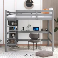 Full Size Loft Bed with Multifunction Shelves and Under-Bed Desk - ModernLuxe