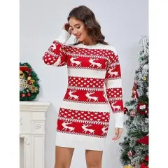 Ugly Christmas Sweater Dress for Women Xmas Crew Neck Pullover Sweater Holiday Knitted Mini Tunic Dress