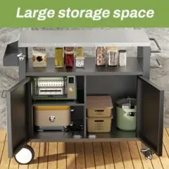 Outdoor Grill Cart with Storage Cabinet, Hooks, Spice Rack, Rolling BBQ Prep Table with Wheels and Double Doors for Patio-Maison Boucle