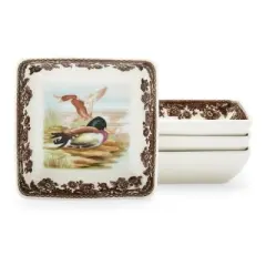Spode Woodland Set of 4 Square Dishes, 3" - Dip Bowls - Assorted Animal Designs, Porcelain Ceramic Hunting-Themed, Microwave & Dishwasher Safe