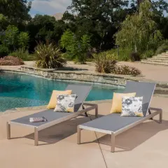 Cape Coral Set of 2 Aluminum & Mesh Chaise Lounge - Silver/Dark Gray - Christopher Knight Home: Water-Resistant Patio Furniture