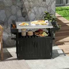 Outsunny Outdoor Bar Cart with Storage, Stainless Steel Top, HDPE Outdoor Kitchen Cart on Wheels, Outdoor Bar Table Beverage Food Prep Station