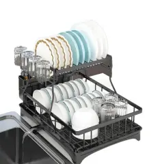 DOMETOUR 2 Tier Dish Drying Rack for Kitchen Counter, Black Metal Dish Drainer with Drainage System, Large Capacity, Space Saving & Rust-Resistant