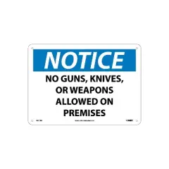 National Marker Notice Signs; No Guns Knives Or Weapons Allowed On Premises 10X14 Rigid Plastic