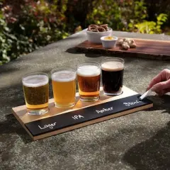Beer Tasting Flight Sampler Board - Includes Four 6oz Pilsner Craft Brew Glasses & Wooden Paddle w Chalkboard - Great for Game Night & Taste Testing