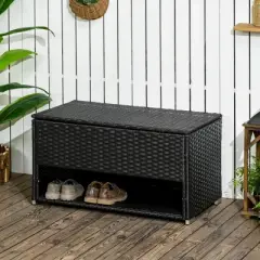 Outsunny Outdoor Deck Box & Shoe Storage, PE Rattan Wicker Towel Rack with Liner for Indoor, Outdoor, Pool, Toys, Garden Tools