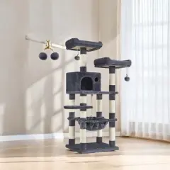 FEANDREA 56.3in Cat Tower for Large Cats Indoor Cat Tree Cat Condo with Scratching Posts, Hammock, Plush Perch, Cat Furniture - Smoky Gray