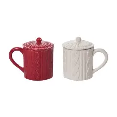 Transpac Dolomite Knit Mug Set of 2 Red Ceramic 16oz Christmas Drinkware Cozy Winter Beverages Dishwasher Safe