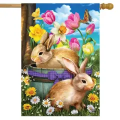 Spring Bunny Basket Floral House Flag Easter Tulips 28" x 40" Briarwood Lane