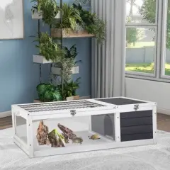 FDW Wooden Tortoise Habitat Large Transparent Tortoise Enclosure, Activity Area and Removable Tray for Small and Medium-Sized Animals,Gray