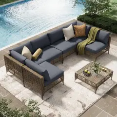 Cesicia 7-Piece Gray Sofa Set, Garden Patio Wicker Sectional Sofa Set with Coffee Table for Backyard, Balcony