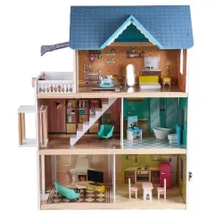Hape Little Room Pretend Play 3 Story Wooden Doll House w/ Light, Doorbell, & Bedroom, Bathroom, Living Room, & Dining Furniture for Kids Age 3 and Up