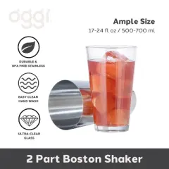 Oggi Boston Cocktail Shaker: Glass & Stainless Steel, 15 oz Capacity, Hand Wash, Silver, 7.05" Height, 3.7" Width