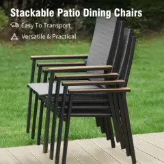 Captiva Designs 3pc Outdoor Patio Dining Steel Table & Gray Wood-look Arm Textilene Sling Chairs