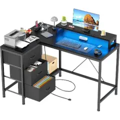 Acekool L-Shaped Gaming Desk with LED Lights, Power Outlets, Drawers & Shelves, Corner Computer Desk for Home Office, Black