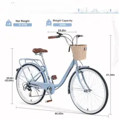 INFURNIC Bicycles, 26 Inch Ladies Bicycle with Basket, Commute Bicycle Women Ladies, Blue, 66.93"*24.8"*41.34"