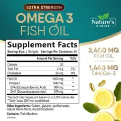 Omega 3 Fish Oil Supplement 2400 mg - Triple Strength EPA, DHA Fish Oil Omega 3, Fatty Acids for Brain & Heart - 180 Softgels By Nature's Choice