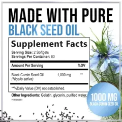 Premium Blackseed Oil 1000mg - Pure Nigella Sativa Black Seed with Thymoquinone & Vegan for Skin & Immune Support - 120 Softgels By Hello Lovely!