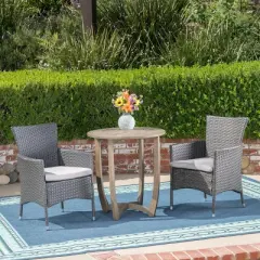 GDFStudio Brantly Outdoor Acacia Wood and Wicker 3 Piece Bistro Set with Cushions