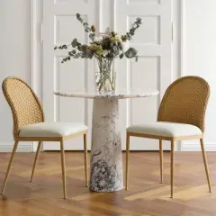 Rattan Dining Room Chair, Linen Dining Chair with Double Layer Rattan Back, Cane Dining Chair with Metal Legs - Maison Boucle