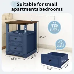 MUUEGM 18.1" Farmhouse Night Stand| Rustic Wood End Table with Charging Station, Open Shelf, 2 Storage Drawers