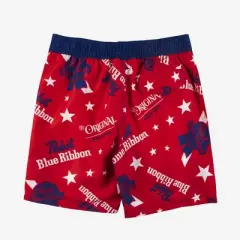 Men's 8.5" Pabst Blue Ribbon Elastic Board Swim Shorts - Red