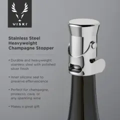 Viski Stainless Steel Heavyweight Champagne Stopper, Sparkling Wine Saver Bottle Stopper, Stainless Steel & Silicone Seal - Set of 1, Silver