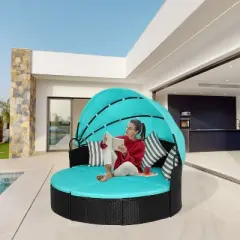 FDW Modern Outdoor Round Daybed with Retractable Canopy​, Blue