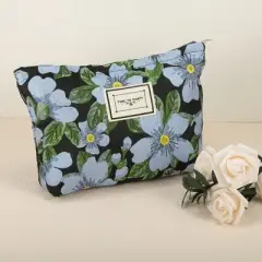 Unique Bargains Women's Canvas Makeup Bag Black Blue