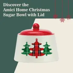 Amici Home Christmas Sugar Bowl with Lid - 8-Ounce Ceramic Container for Salt, Sugar, Spices - Festive Plaid Xmas Tree Kitchen Sugar Bowl