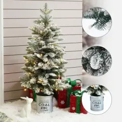 LuxenHome 4Ft Artificial Flocked Fir Christmas Tree Potted with Battery-Operated Lights Green