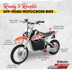 Razor MX650 Dirt Rocket Bike Electric Ride-On for Age 16+, 220lb Weight Capacity, Orange &ndash; 36V Battery, Up to 17 Mph, 40-Min Run Time, Pneumatic Tires
