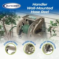 Suncast Handler 200 Foot Resin Wall Mounted Outdoor Garden Hose Reel, Taupe