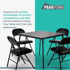 Peakform 5 Piece Folding Vinyl Tables and Chairs with Easy Cleaning and Storage for Home Use, Indoor Spaces, and Office, Black